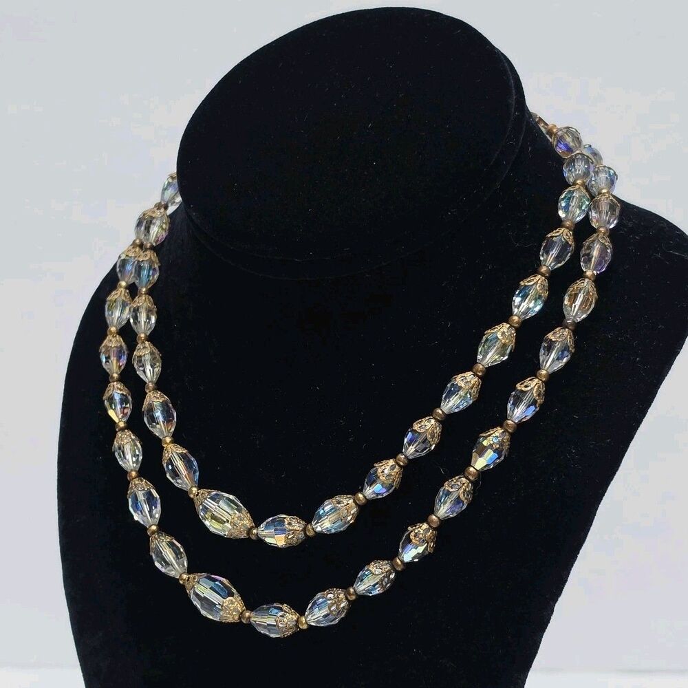 Vintage Aurora Borealis Crystal Beaded 2-strand Necklace Filigree Caged Choker